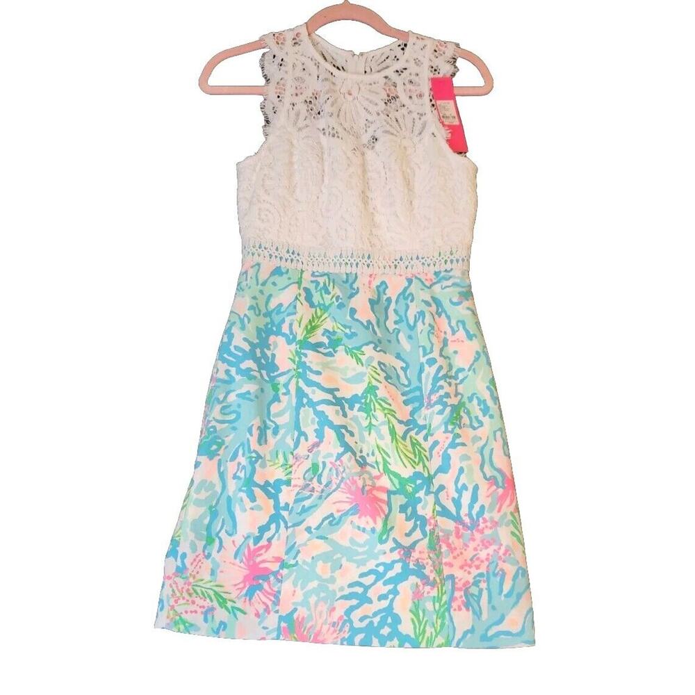 Lilly Pulitzer Sharice Shift Dress Beach Lace Coral Bay Blue Pink Sz 00 NWT